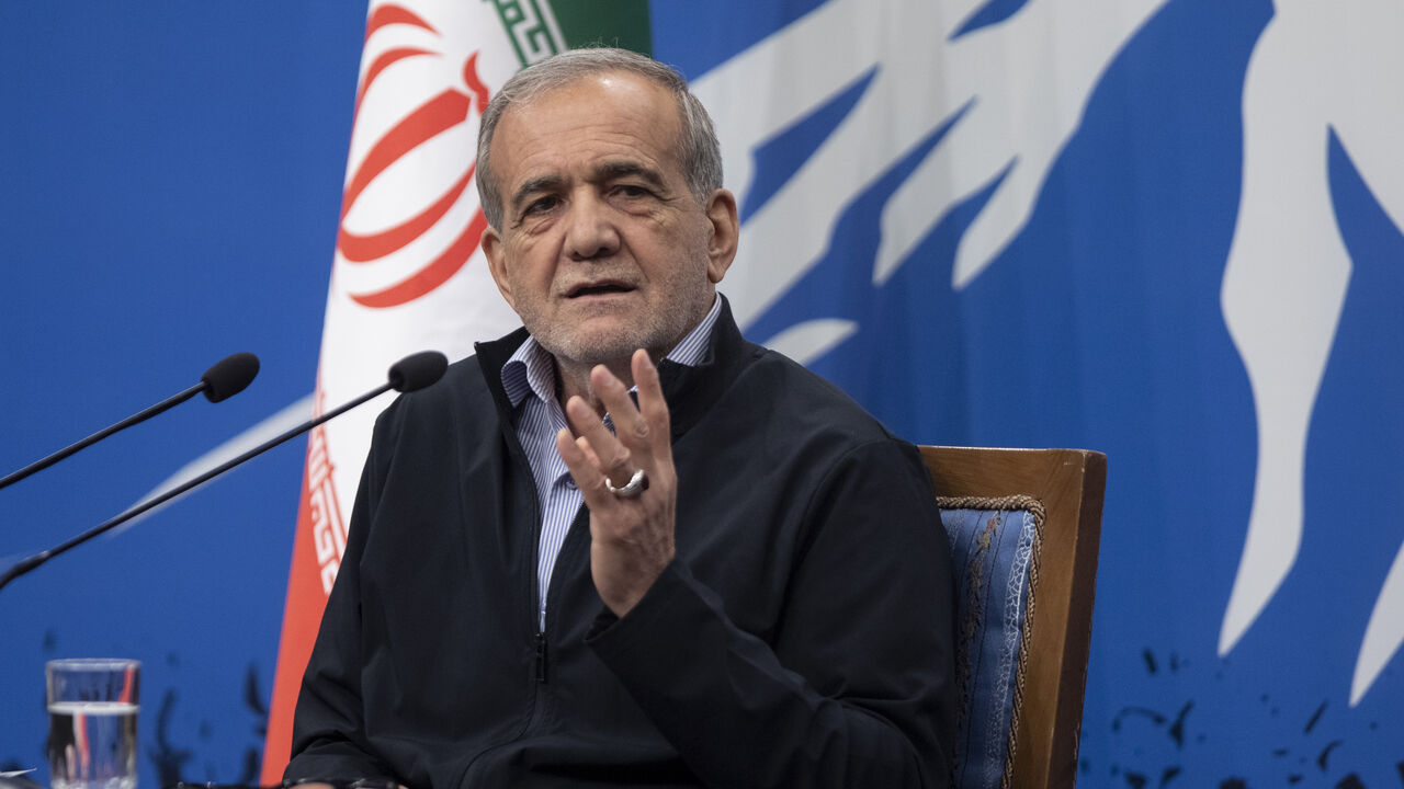  Iranian President Masoud Pezeshkian attends his first press conference, after taking office. on September 16, 2024 in Tehran, Iran. 