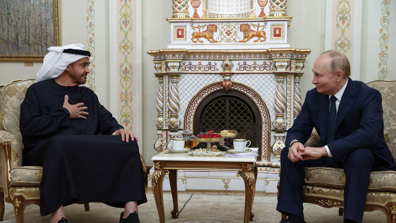 In this pool photograph distributed by the Russian state agency Sputnik, Russia's President Vladimir Putin (R) meets with UAE President Sheikh Mohamed bin Zayed bin Sultan al-Nahyan (L) at the Novo-Ogaryovo state residence outside Moscow on October 20, 2024. (Photo by Artem Geodakyan / POOL / AFP) (Photo by ARTEM GEODAKYAN/POOL/AFP via Getty Images)