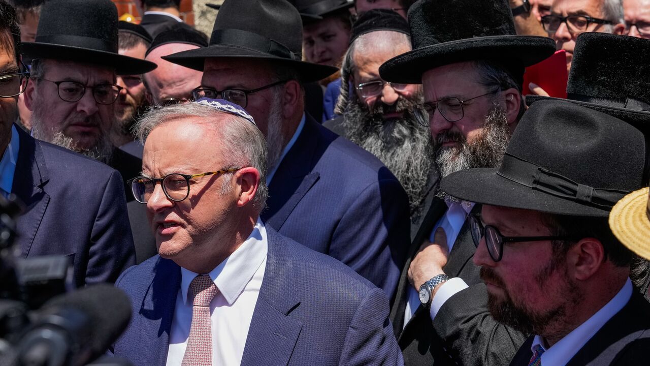 Australian Prime Minister Anthony Albanese speaks to the media after he visited the damaged Adass Israel Synagogue on Dec. 10, 2024, in Melbourne, Australia.