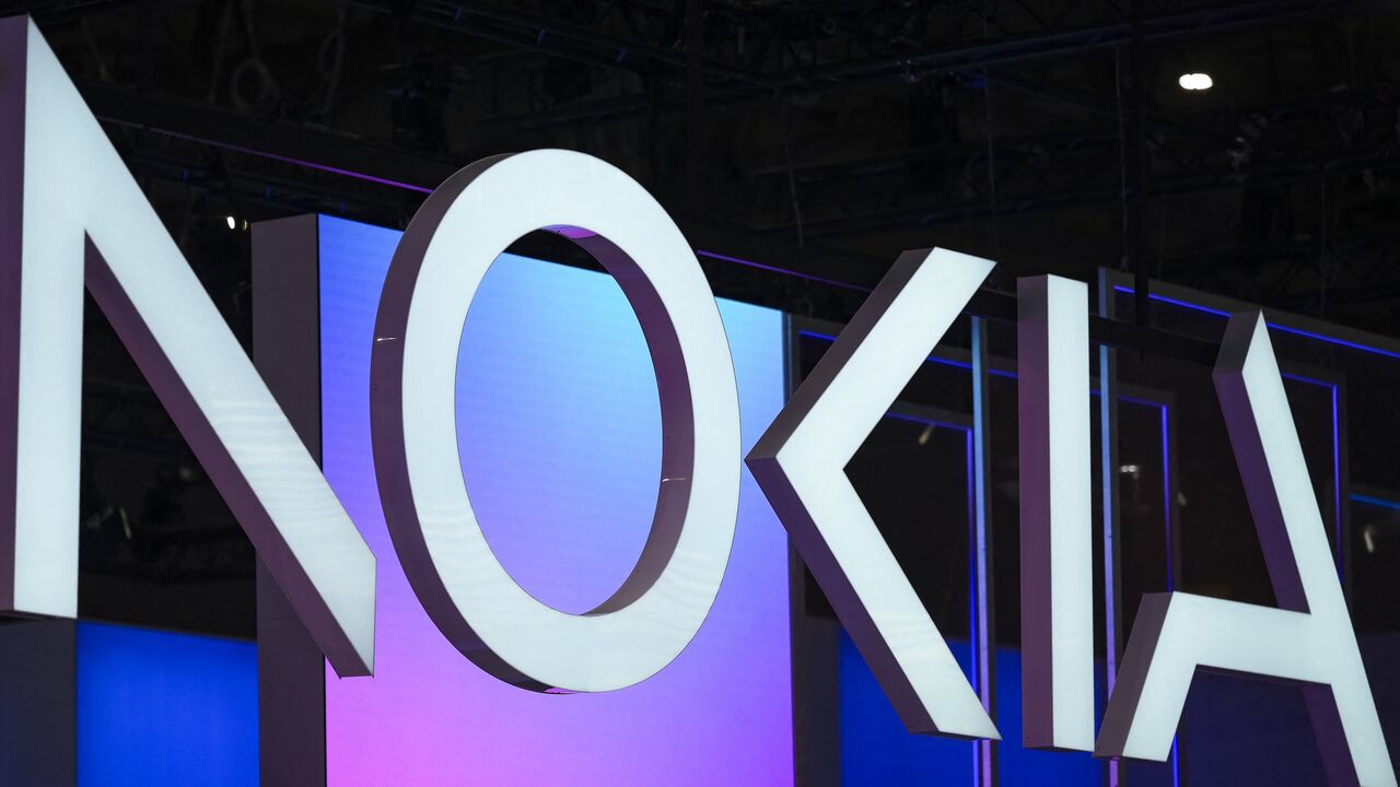The logo of Finnish technology company Nokia is pictured at the Mobile World Congress, the world's biggest mobile fair, on March 4, 2025, in Barcelona. 