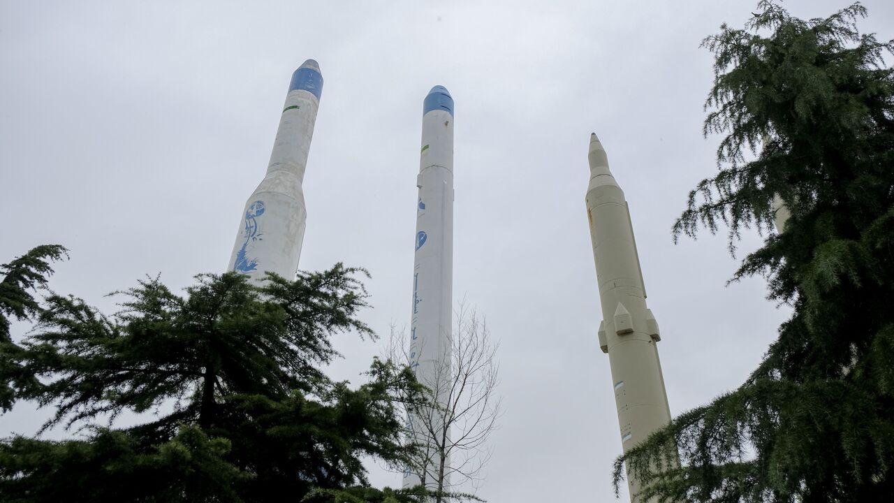 A view of Simorgh (L) and Safir (2nd from left) Space Launch Vehicles and other Iran-made missiles in Iran's Museum of the Holy Defense in Tehran, Iran, on April 4, 2025.