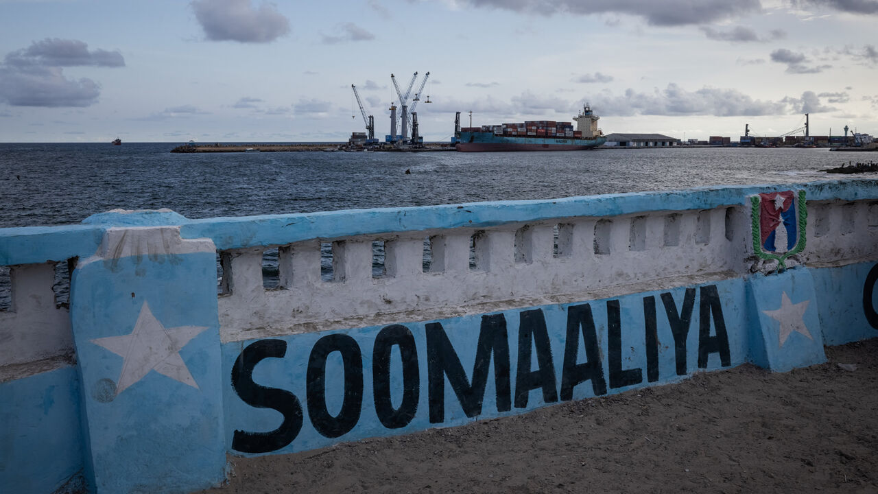 A cargo ship is seen in a port in central Mogadishu, Somalia, April 25, 2025.