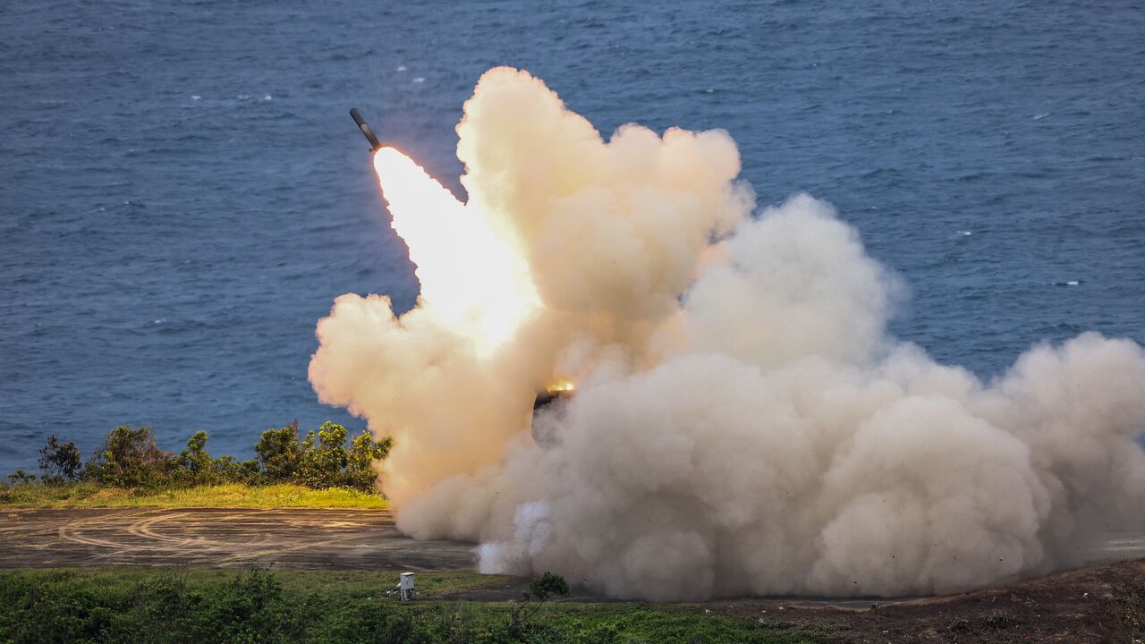 Test firing of a High Mobility Artillery Rocket System (HIMARS) at the Jiupeng base, Pingtung, Taiwan, May 12, 2025.
