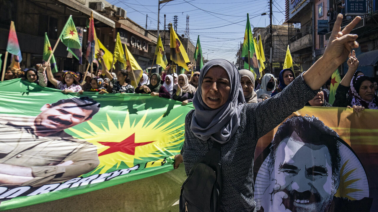 Kurdish Syrians demonstrate in the Syrian eastern city of Qamishli to demand the release of the jailed founder of the Kurdistan Workers' Party (PKK) Abdullah Ocalan in Turkey, on May 29, 2025. 