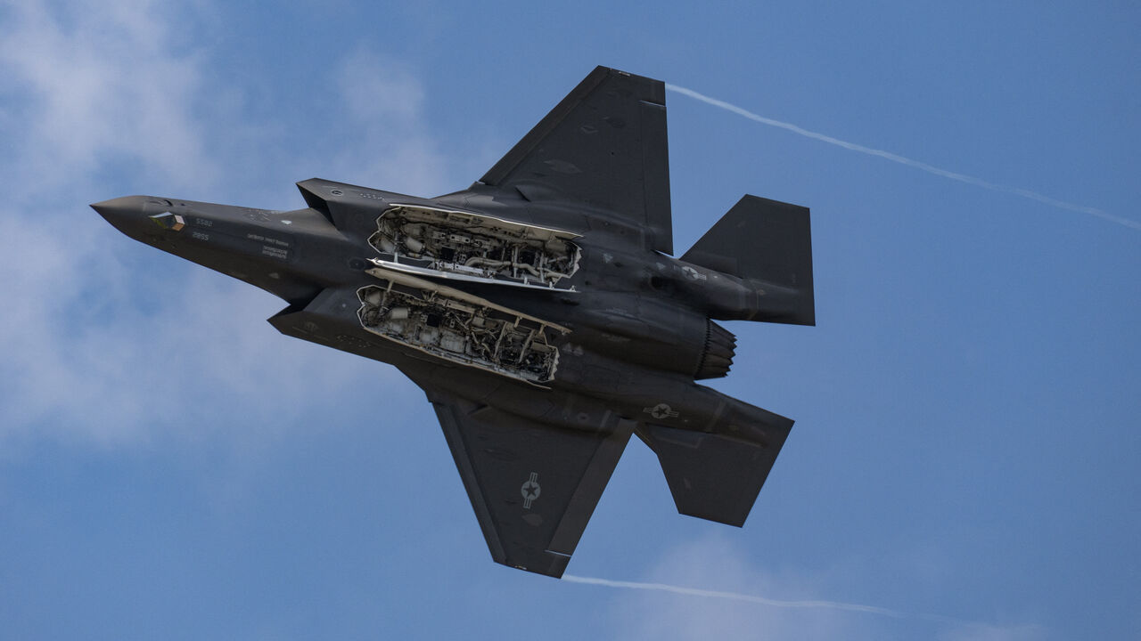 US Air Force F-35A performs during an exhibition flight demonstration as part of the 55th edition of the International Paris Air Show (Salon international de l'aeronautique et de l'espace - SIAE) at the ParisLe Bourget Airport, in Le Bourget, north of Paris on June 19, 2025.