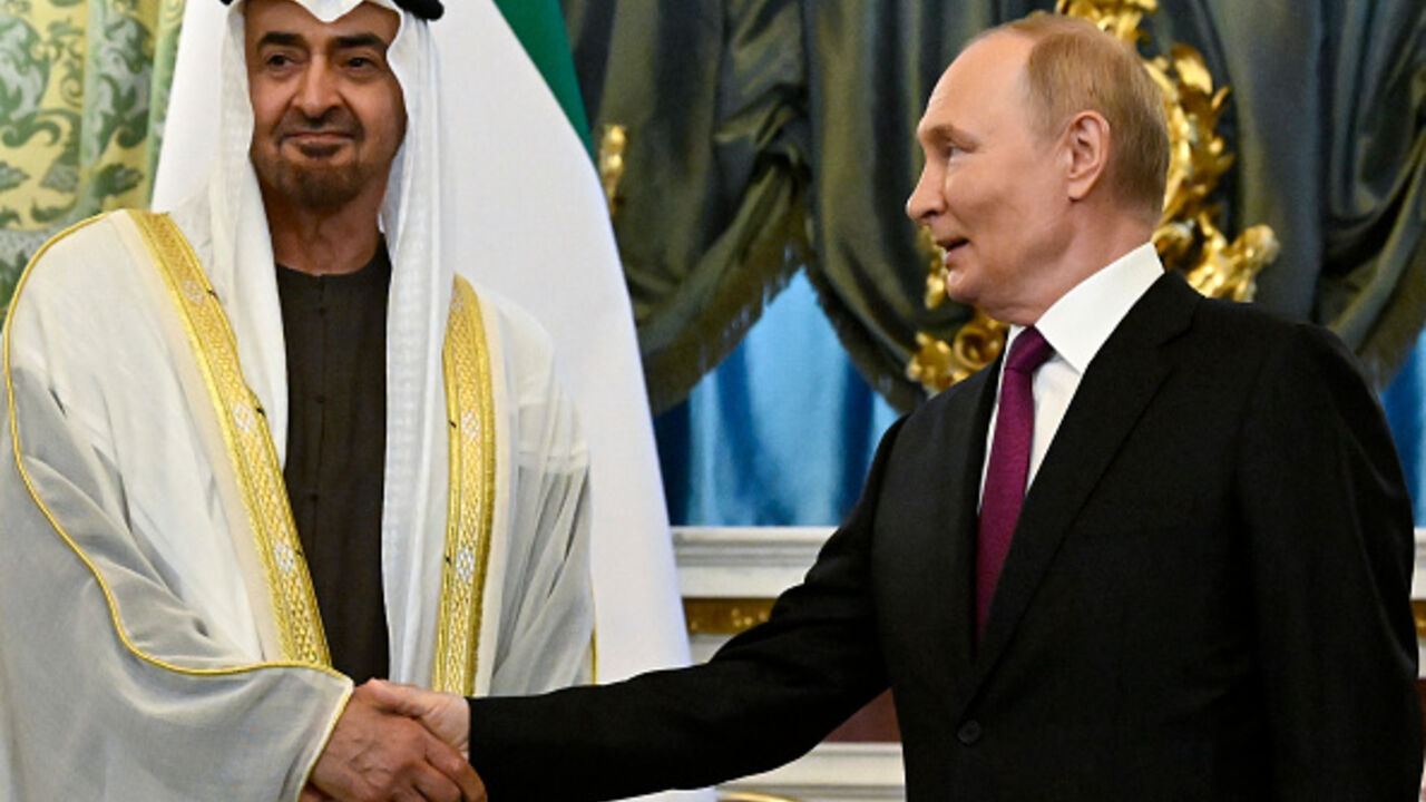 Russian President Vladimir Putin with Emirati President Sheikh Mohamed bin Zayed Al Nahyan at the Kremlin in Moscow on August 7, 2025. (ALEXANDER NEMENOV/AFP via Getty Images)