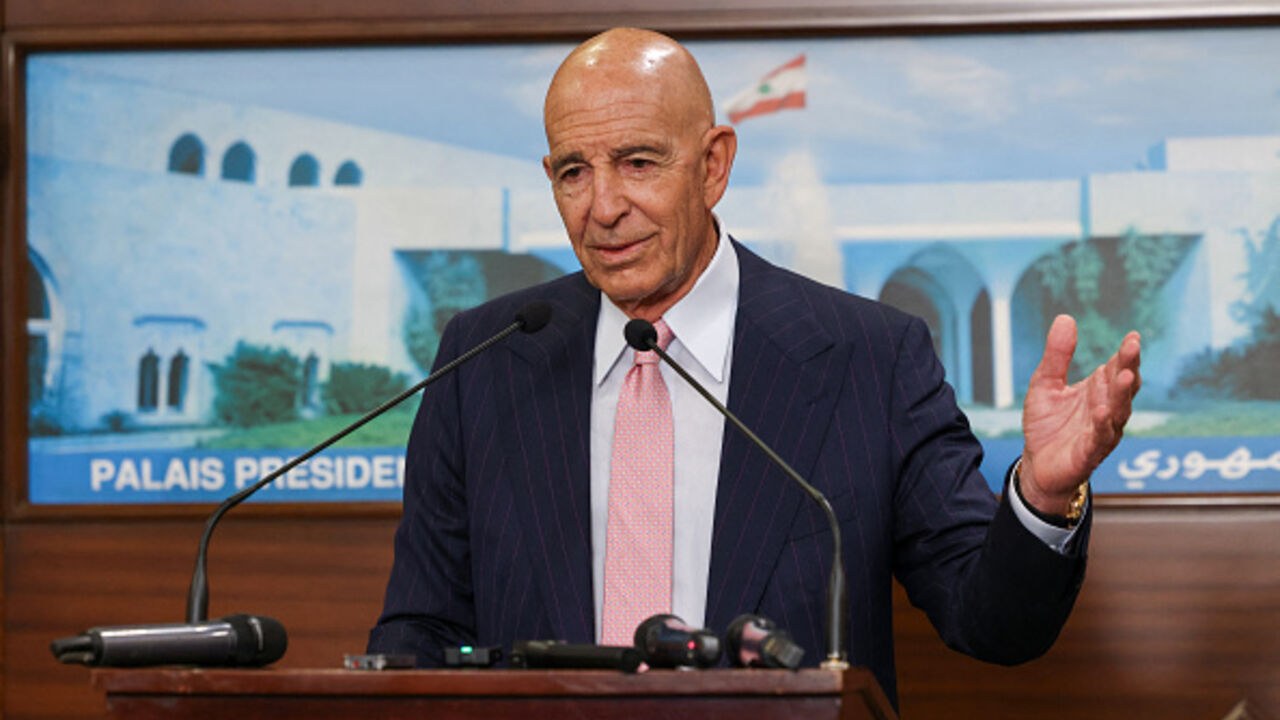 US ambassador to Turkey and special envoy for Syria Tom Barrack speaks during a joint press conference following his meeting with Lebanon's president at the Presidential Palace in Baabda on August 18, 2025. Barrack called on Israel to honour its commitments under a ceasefire that ended its war with Hezbollah, after the Lebanese government launched a process to disarm the militant group. (Photo by ANWAR AMRO / AFP) (Photo by ANWAR AMRO/AFP via Getty Images)