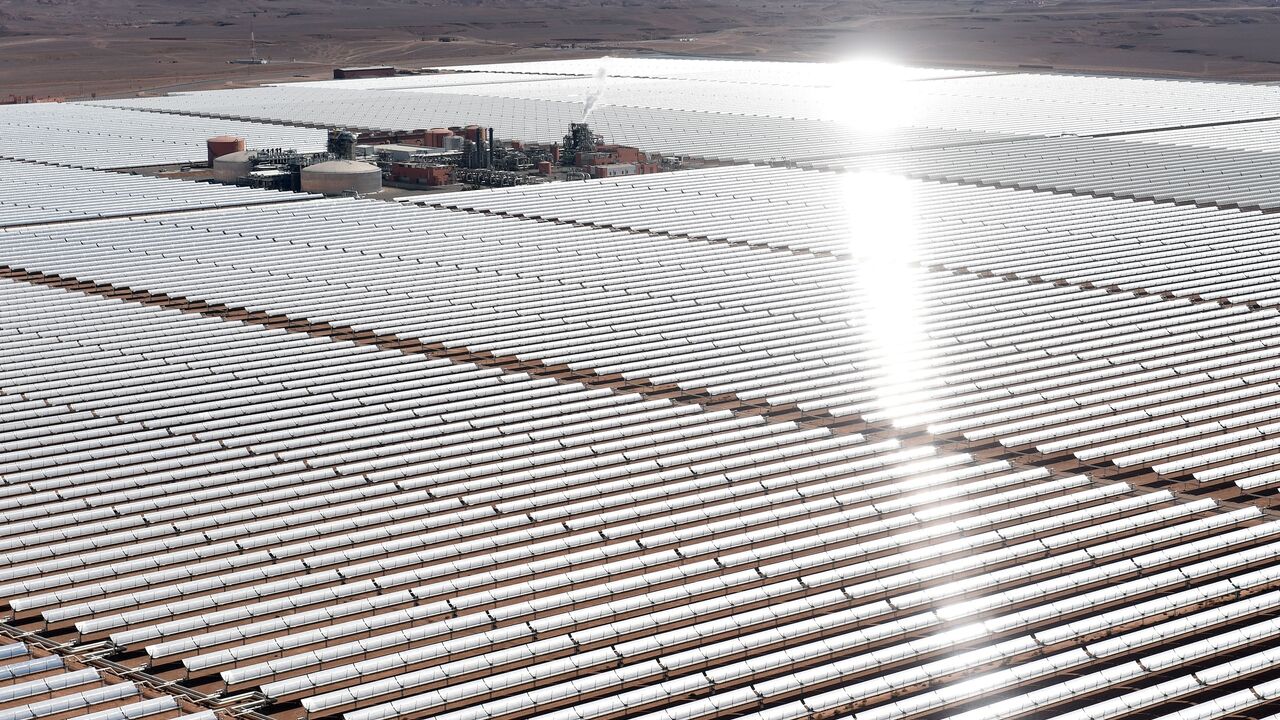 An aerial view of the solar mirrors at the Noor 1 Concentrated Solar Power plant some 12.5 miles outside the central Moroccan town of Ouarzazate, on Feb. 4, 2016.