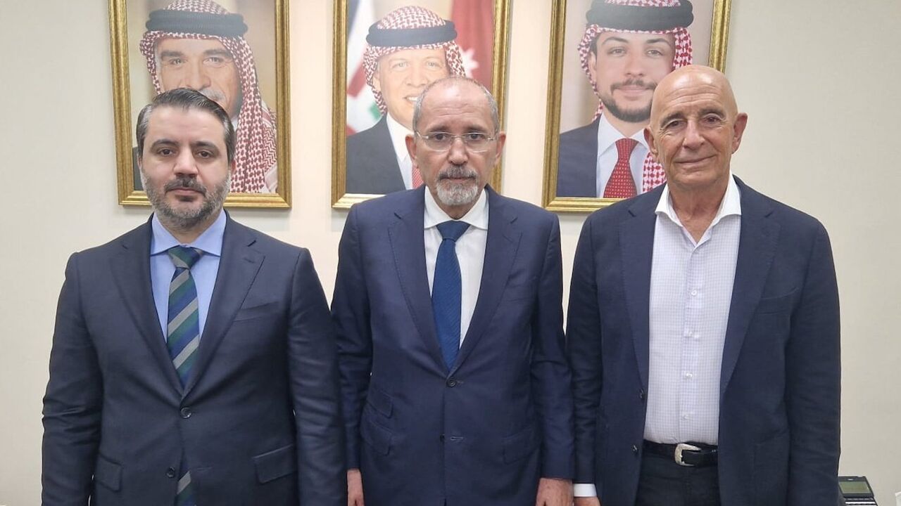 Jordanian Foreign Minister Ayman Safadi, Syrian Foreign Minister Asaad Al-Shaibani, and US Special Envoy for Syria Thomas Barrack meet in Amman on July 19, 2025.