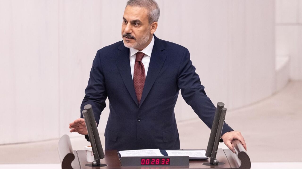 Turkish Foreign Minister Hakan Fidan addresses parliament during a special session on Gaza 