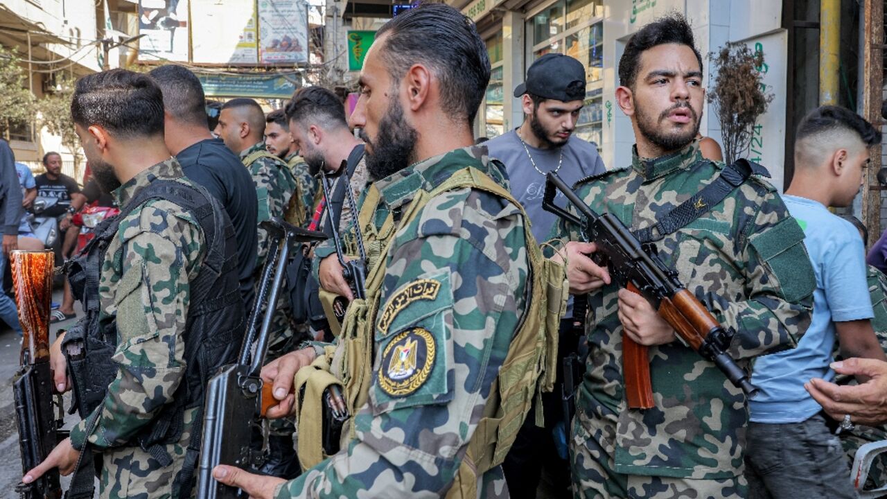Palestinian fighters in the Burj al-Barajneh camp for Palestinian refugees in Beirut's southern suburbs