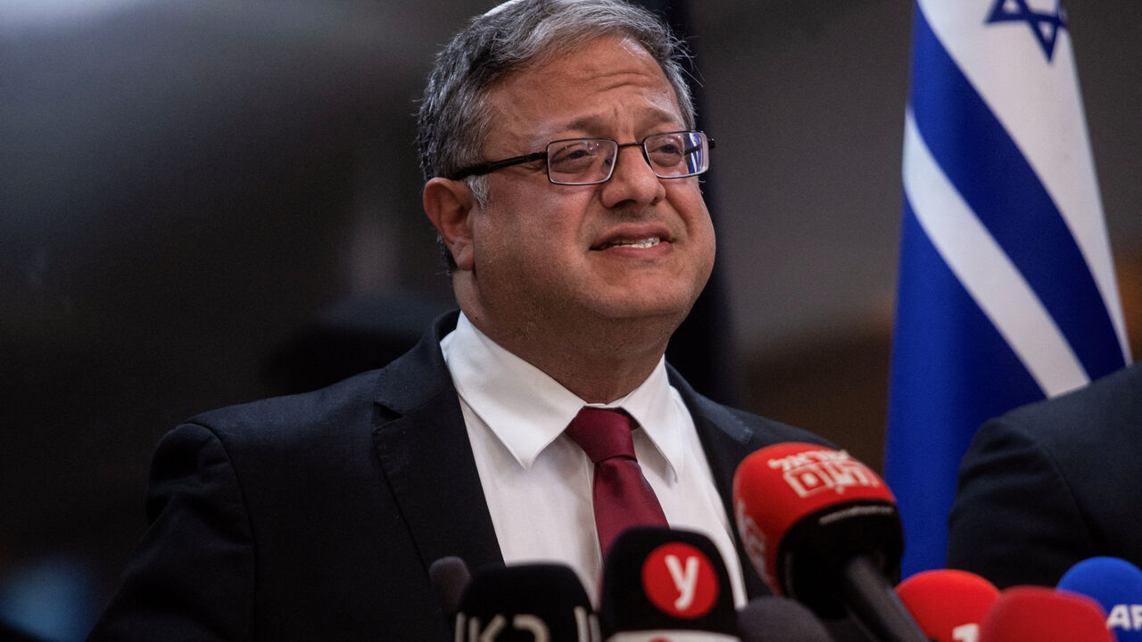 FILE PHOTO: Israeli National Security Minister and head of Jewish Power party Itamar Ben-Gvir gives a statement to members of the press, ahead of a possible ceasefire between Israel and Hamas, in Jerusalem, January 16, 2025. REUTERS/Oren Ben Hakoon/File Photo