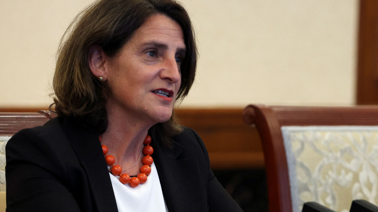 FILE PHOTO: European Commission Executive Vice-President for a Clean, Just and Competitive Transition Teresa Ribera attends a meeting with Chinese Vice Premier Ding Xuexiang (not pictured) at the Diaoyutai State Guesthouse in Beijing, China July 14, 2025. REUTERS/Florence Lo/Pool/ File Photo