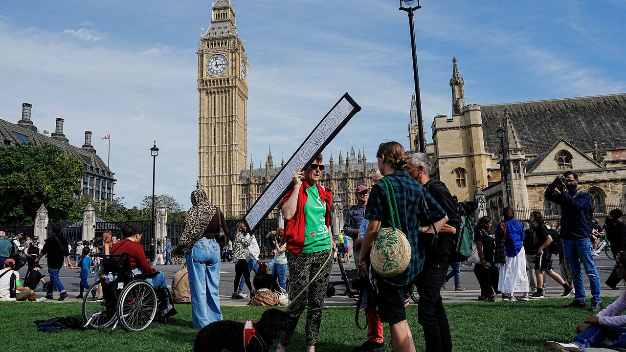 Demonstrators attend the "Lift The Ban" rally organised by Defend Our Juries, challenging the British government's proscription of "Palestine Action" under anti-terrorism laws, in Parliament Square, in London, Britain, September 6, 2025. REUTERS/Carlos Jasso
