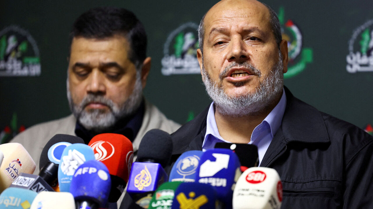 FILE PHOTO: Hamas officials, Khalil Al-Hayya and Osama Hamdan, attend a press conference in Beirut, Lebanon, November 21, 2023. REUTERS/Esa Alexander/File Photo