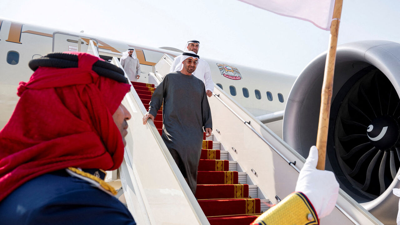 FILE PHOTO: Sheikh Mohamed bin Zayed Al Nahyan, President of the United Arab Emirates arrives at Sakhir Air Base, in Manama, Bahrain, September 10, 2025. Mohamed Al Hammadi/UAE Presidential Court/Handout via REUTERS