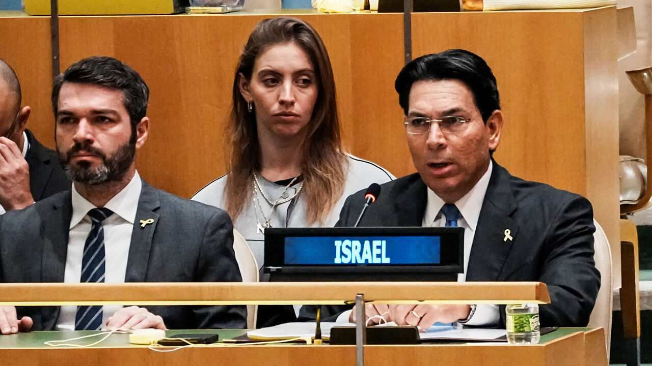 Israel's Ambassador to the United Nations, Danny Danon, addresses delegates at the United Nations General Assembly before a vote on the Question of Palestine and the Implementation of the Two-State Solution, at U.N. headquarters in New York City, U.S., September 12, 2025. REUTERS/Eduardo Munoz
