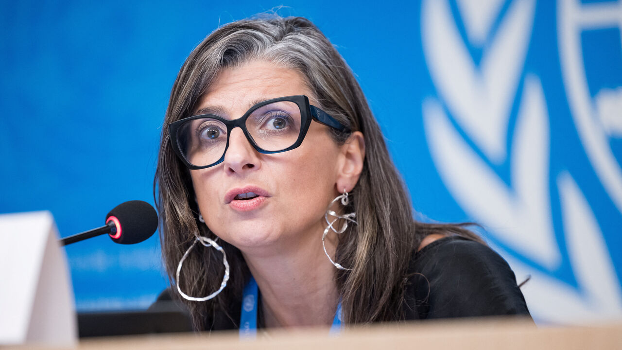 FILE PHOTO: United Nations Special Rapporteur on the situation of human rights in the occupied Palestinian territory, Francesca Albanese, speaks during a press conference at the European headquarters of the UN in Geneva, Switzerland, September 15, 2025. REUTERS/Pierre Albouy/File Photo