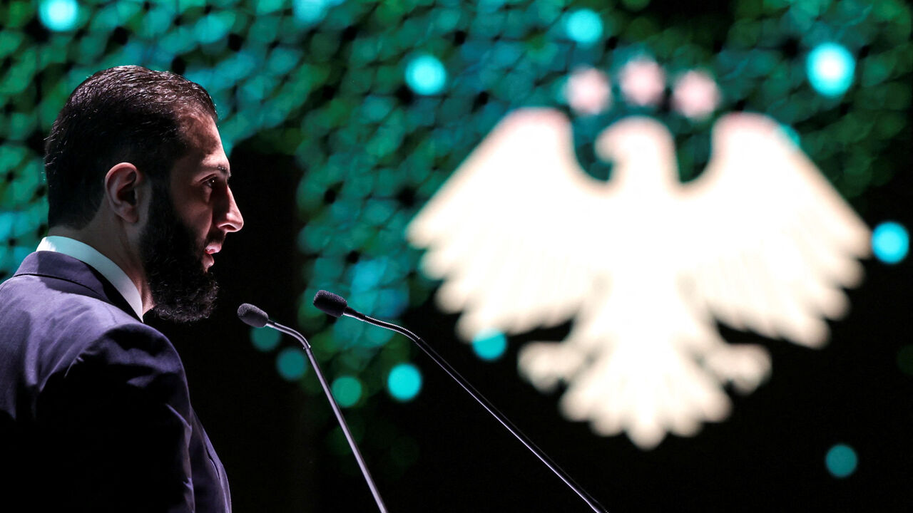 FILE PHOTO: Syrian President Ahmed al-Sharaa speaks at the opening ceremony of the 62nd Damascus International Fair, the first edition held since the fall of Bashar al-Assad’s regime, in Damascus, Syria, August 27, 2025. REUTERS/Khalil Ashawi/File Photo