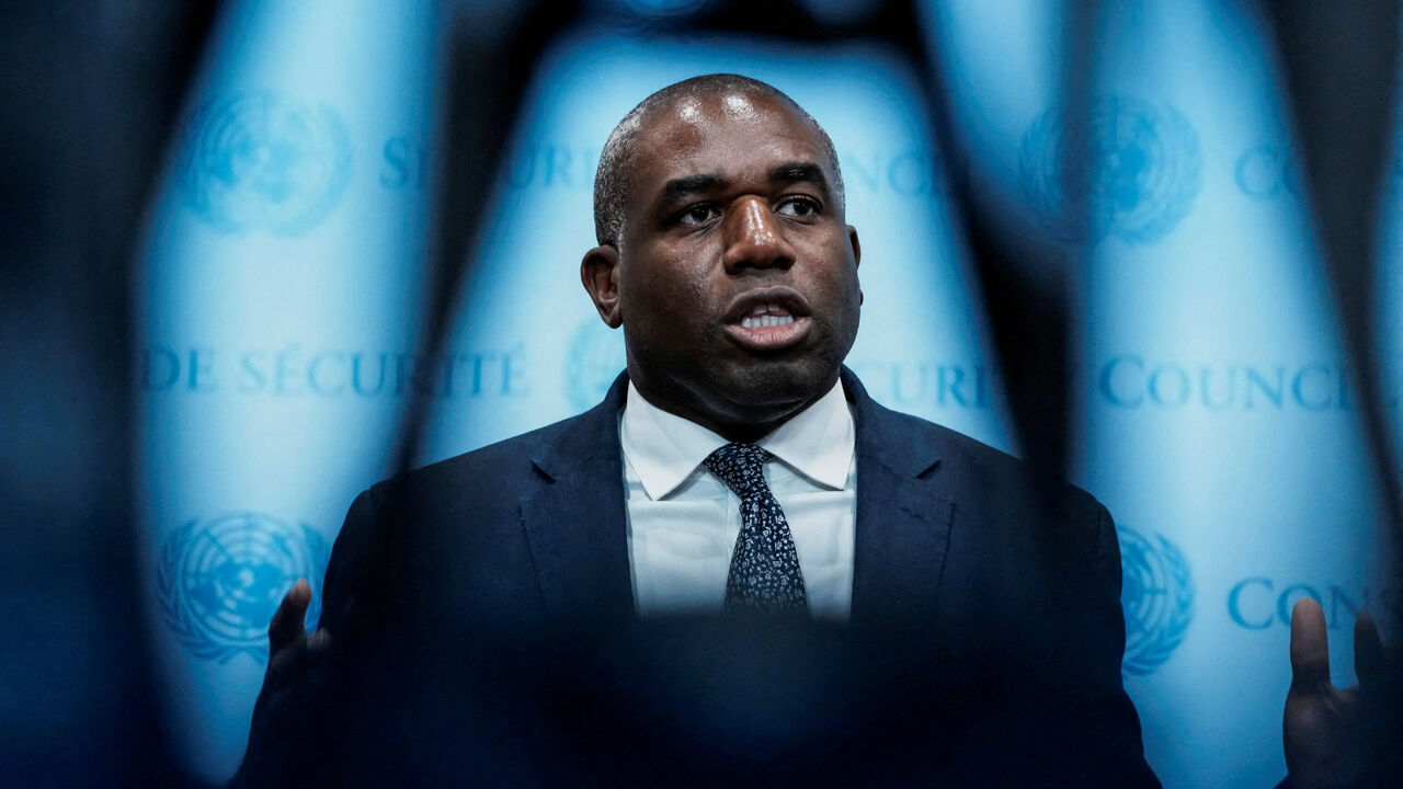 FILE PHOTO: Britain's Foreign Secretary David Lammy speaks during a stakeout after addressing during a High-level International Conference for the Peaceful Settlement of the Question of Palestine and the Implementation of the Two-State Solution at U.N headquarters in New York City, U.S., July 29, 2025.  REUTERS/Eduardo Munoz/File photo