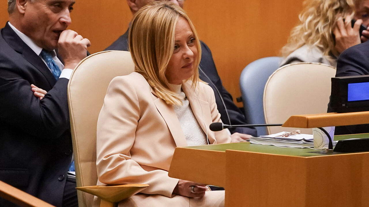 Italy's Prime Minister Giorgia Meloni reacts while listening to U.S. President Donald Trump's (not pictured) speech at the 80th United Nations General Assembly, in New York City, New York, U.S., September 23, 2025. REUTERS/Al Drago