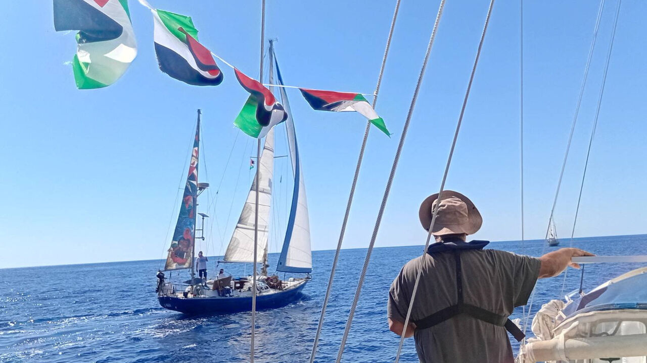A handout image of the boat named Ahed Tamimi sailing in the waters off the island of Crete, which is to join the Global Sumud Flotilla that has come under drone attack while trying to deliver aid to Gaza and break Israel's naval blockade, as seen from the boat Vangelis Pissias, September 25, 2025. March To Gaza Greece/Handout via REUTERS