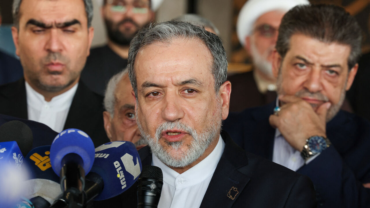 Iranian Foreign Minister Abbas Araqchi speaks to the media as he visits the burial site of former Hezbollah leader Hassan Nasrallah, on the outskirts of Beirut, Lebanon, June 3, 2025. REUTERS/Mohamed Azakir/File Photo