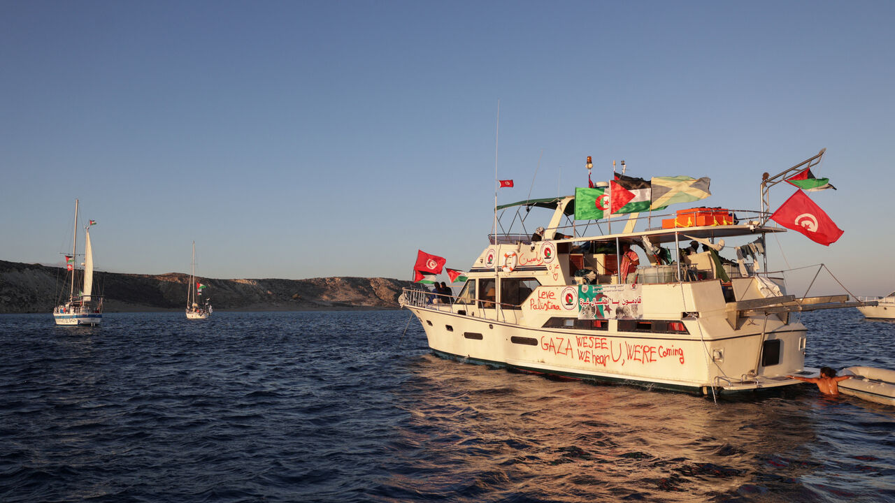 Boats, part of the Global Sumud Flotilla aiming to reach Gaza and break Israel's naval blockade, sail off Koufonisi islet, Greece, September 26, 2025. REUTERS/Stefanos Rapanis