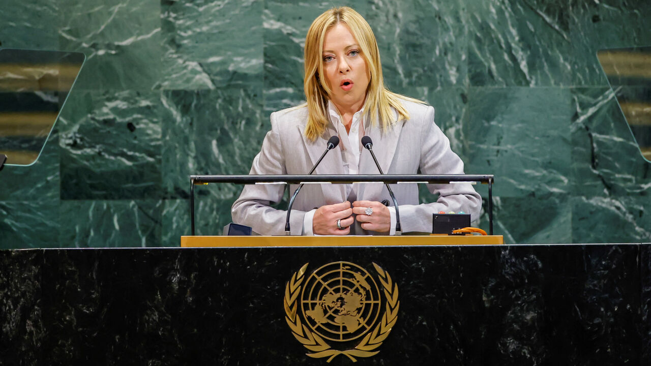 Italy's Prime Minister Giorgia Meloni addresses the 80th United Nations General Assembly at U.N. headquarters in New York, U.S., September 24, 2025. REUTERS/Eduardo Munoz