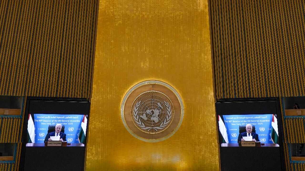 Palestinian Authority President Mahmud Abbas speaks by video during the United Nations General Assembly