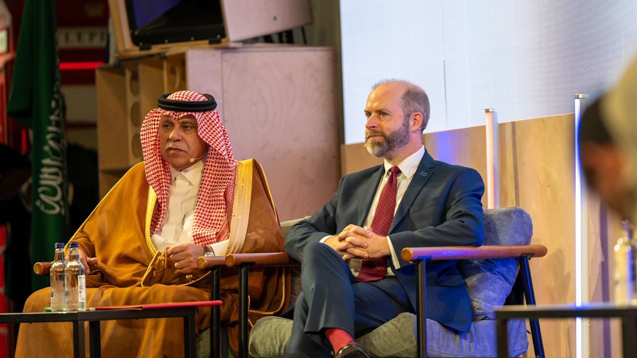 Saudi Commerce Minister Majid al-Kassabi and Business and Trade Secretary Jonathan Reynolds at the Great Futures summit, London, Sept. 3.