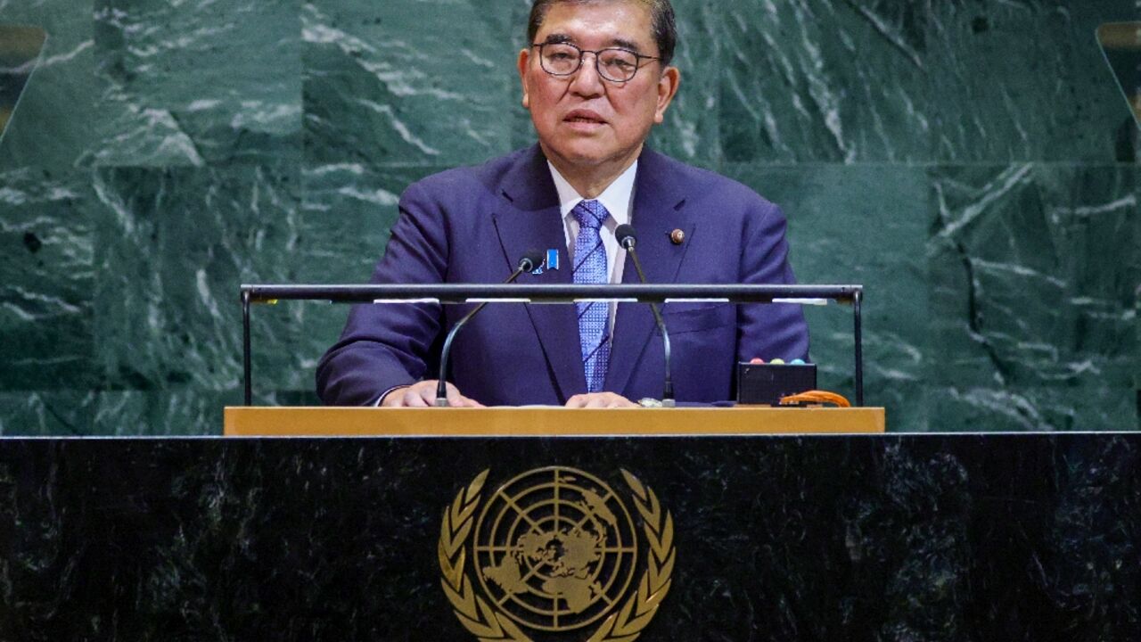 Japanese Prime Minister Shigeru Ishiba speaking at the United Nations General Assembly, where he said recognising a Palestinian state was just a question of time 