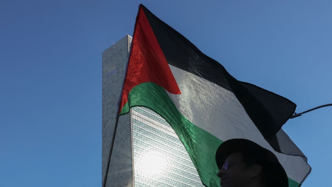 Pro-Palestinian protesters rallied outside United Nations headquarters ahead of the annual General Assembly, which opens Monday with a debate on recognising a state of Palestine 