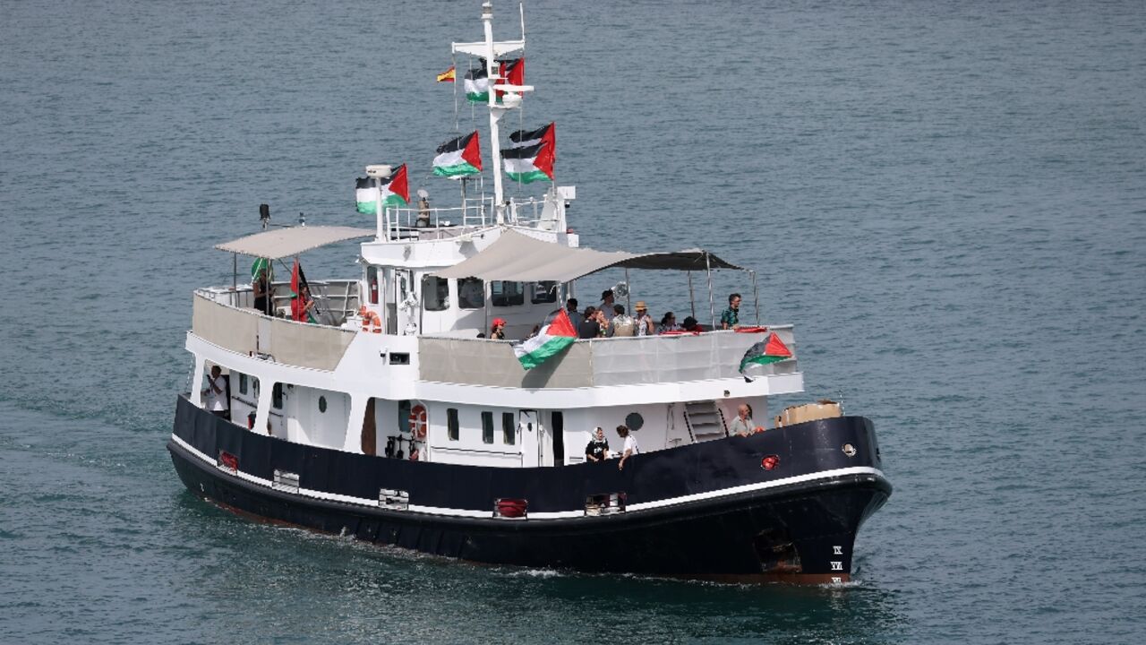 A boat carrying Swedish climate campaigner Greta Thunberg and other activists leaves the port of Barcelona on August 31, 2025