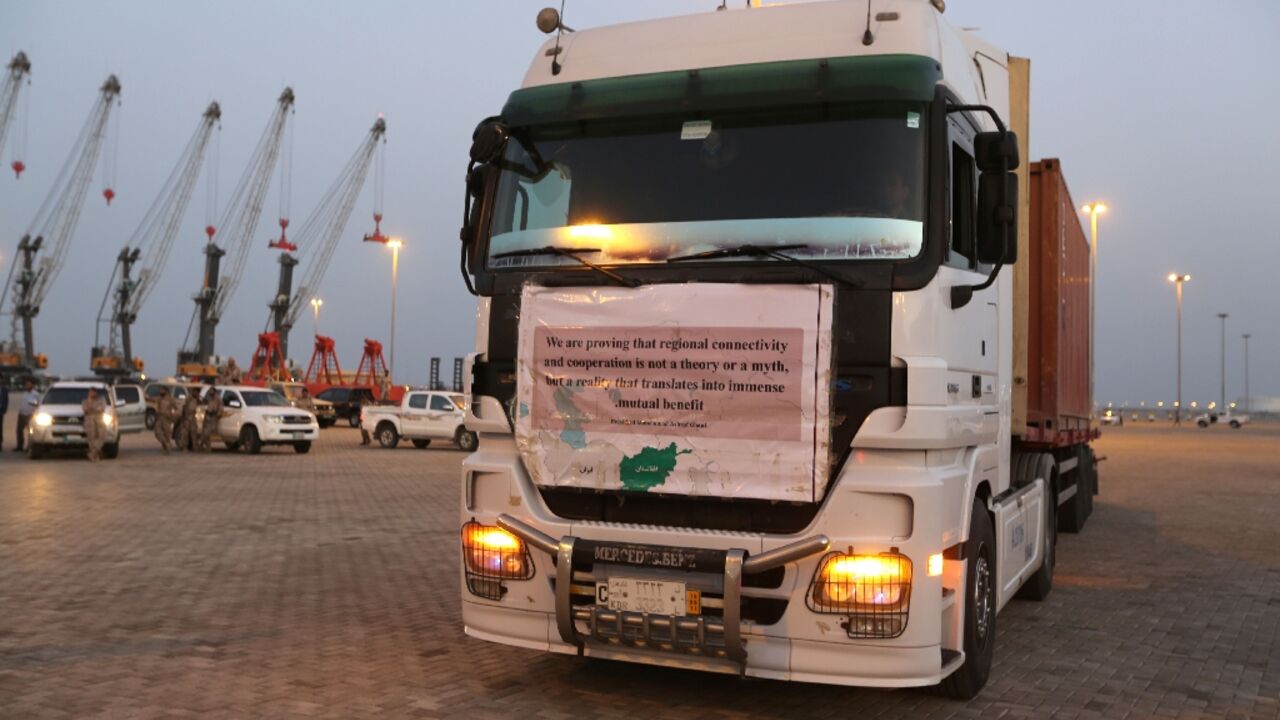 A truck transporting cargo from Afghanistan to be exported to India is seen in the southeastern Iranian coastal city of Chabahar on February 25, 2019
