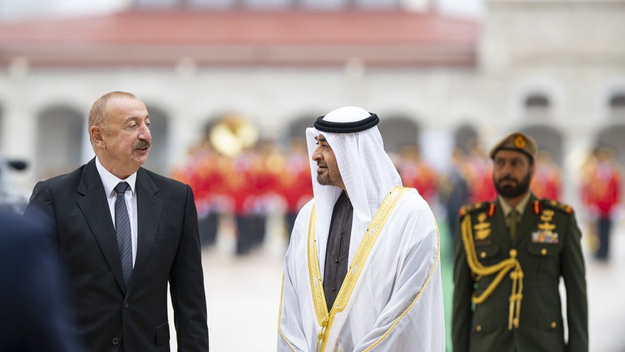 UAE President Mohamed bin Zayed Al Nahyan meets Azerbaijani President Ilham Aliyev in Karabakh, Sept. 16, 2025.