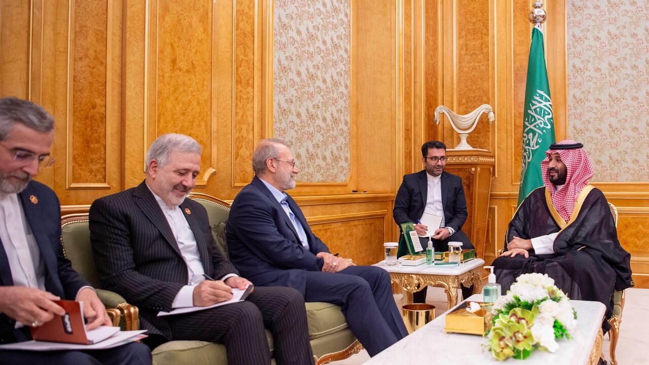 Head of Iran’s Supreme National Security Council Ali Larijani meets with Saudi Crown Prince Mohammed bin Salman in Riyadh on Sept. 16, 2025.