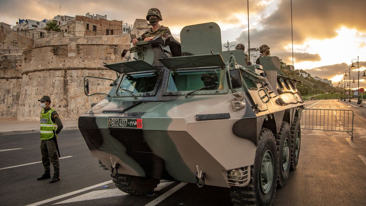 Moroccan soldiers patrol the city of Tangiers on August 11, 2020 amid a new outbreak of the novel coronavirus.