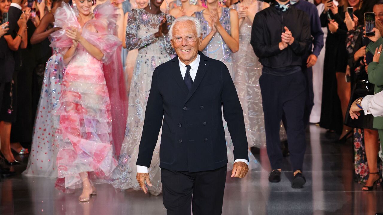 Italian designer Giorgio Armani acknowledges the audience during One Night Only series in Dubai on October 26, 2021.