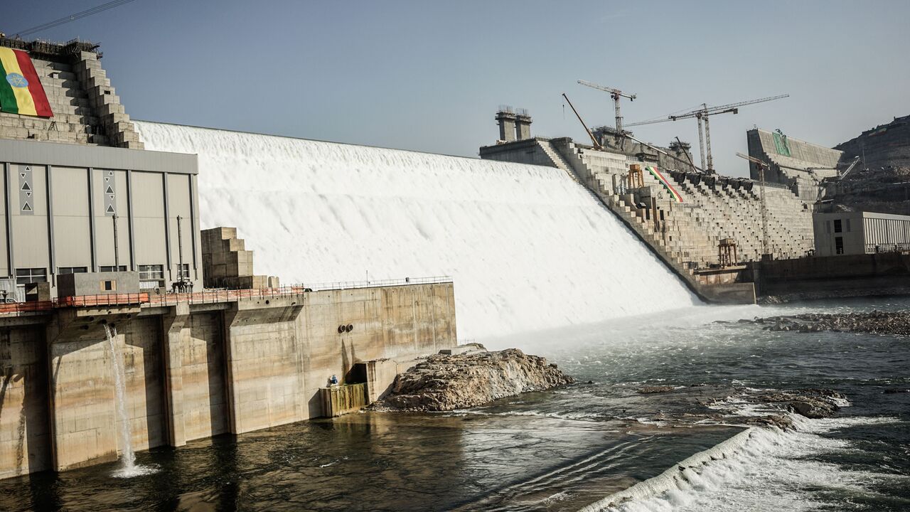 This general view shows the Grand Ethiopian Renaissance Dam (GERD) in Guba, Ethiopia, on Feb. 19, 2022. 