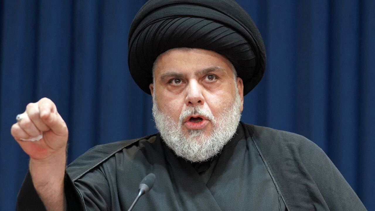 Shiite Muslim cleric Muqtada al-Sadr gives a speech in Iraq's central holy shrine city of Najaf on Aug. 30, 2022.