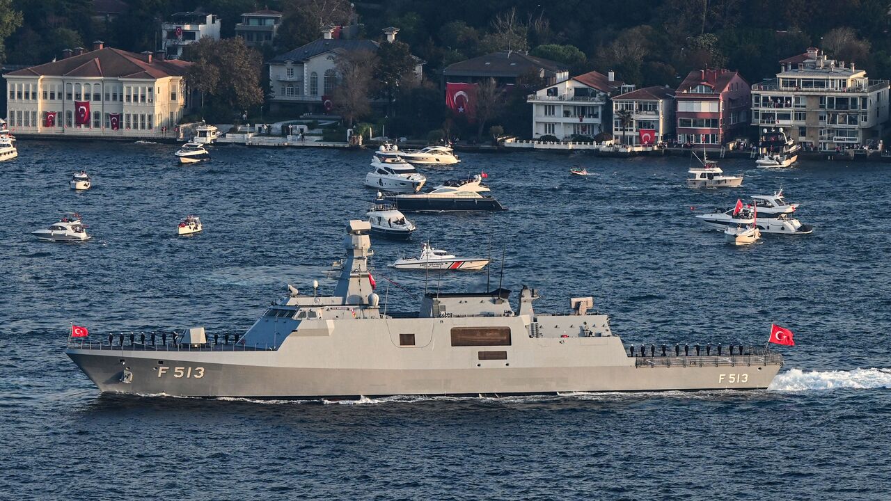This picture taken on Oct. 29, 2023 in Istanbul shows Turkish naval forces warship Corvette TCG F 513, Burgazada, sails during a military naval parade on bosphorus to mark 100th anniversary celebrations of Turkish republic. 