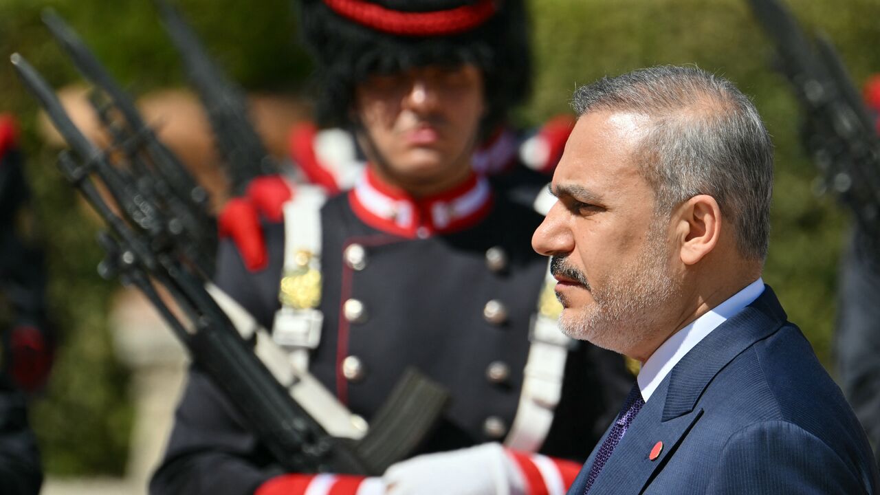 Turkish Minister of Foreign Affairs Hakan Fidan arrives during a visit at the Villa Doria Pamphili in Rome on April 29, 2025. 