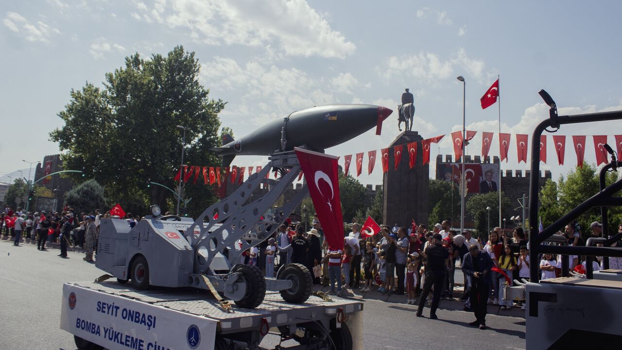 A missile system is displayed during Victory Day celebrations in Kayseri, Turkey, on Aug. 30, 2025. 