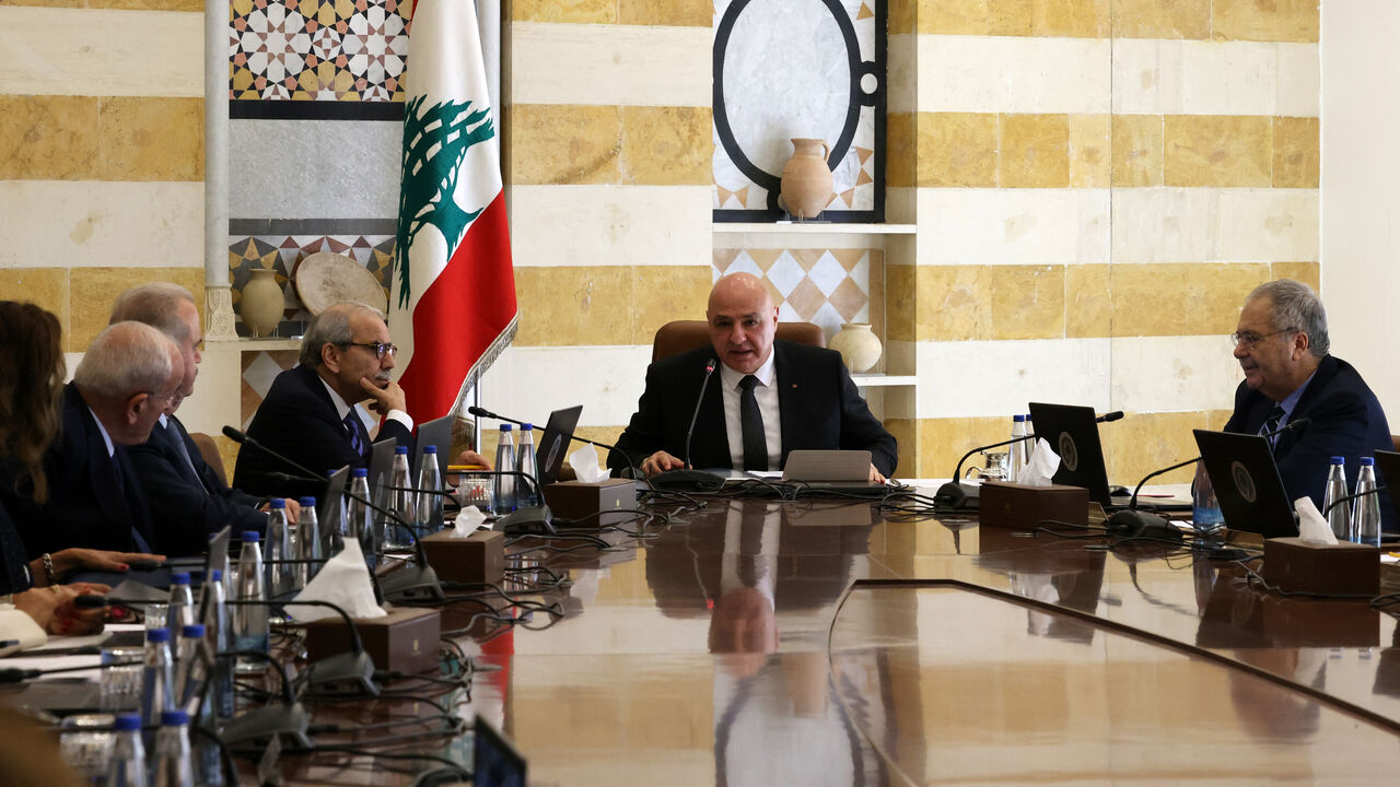 Lebanese President Joseph Aoun (C) heads a cabinet session to discuss an army plan to disarm the Shiite Muslim group Hezbollah, at the Presidential Palace in Baabda, on Sept. 5, 2025. 