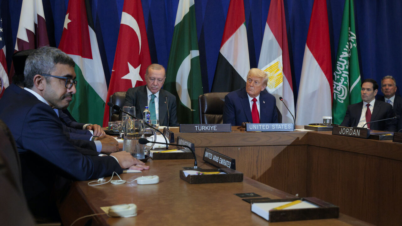President Donald Trump (C-R) and President of Turkey Recep Tayyip Erdogan (C-L) listen during a multilateral meeting with leaders from several Arab and Muslim-majority countries at the 80th session of the UN’s General Assembly (UNGA) at the United Nations headquarters on Sept. 23, 2025 in New York City. 