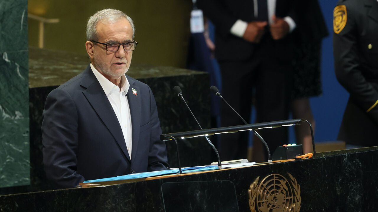 President of Iran Masoud Pezeshkian speaks during the United Nations General Assembly (UNGA) at the United Nations headquarters on Sept. 24, 2025 in New York City. 