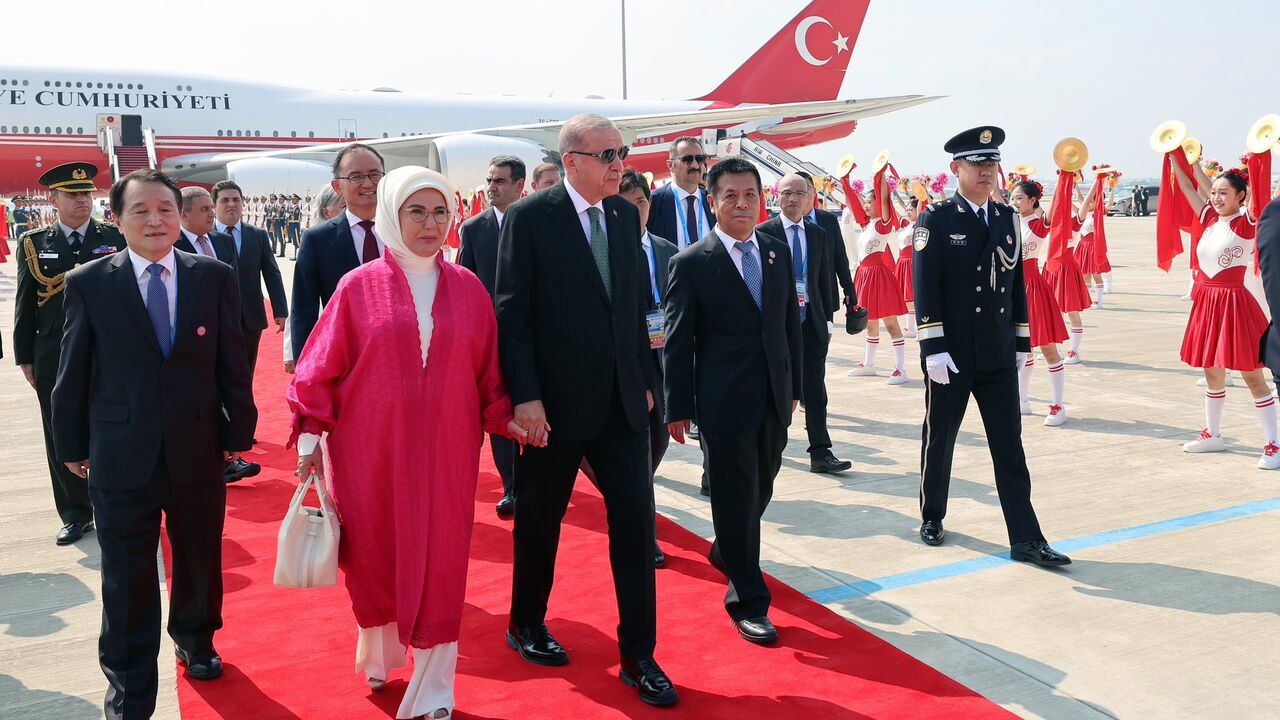 Turkish President Recep Tayyip Erdogan arrives in the Chinese city of Tianjin to attend the 25th Meeting of the Council of Heads of State of the Shanghai Cooperation Organization (SCO) on Aug. 31, 2025.