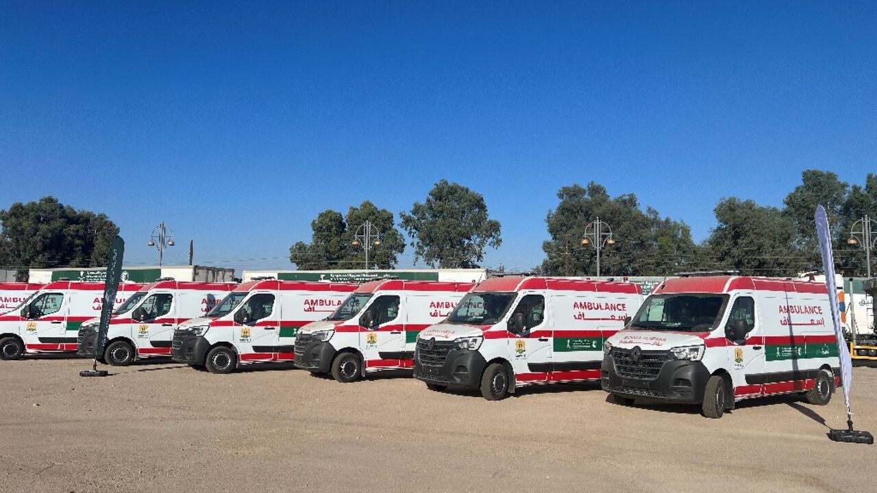 A fleet of Saudi-donated ambulances is delivered to Damascus earlier this month as part of the kingdom's drive for influence in post-Assad Syria.