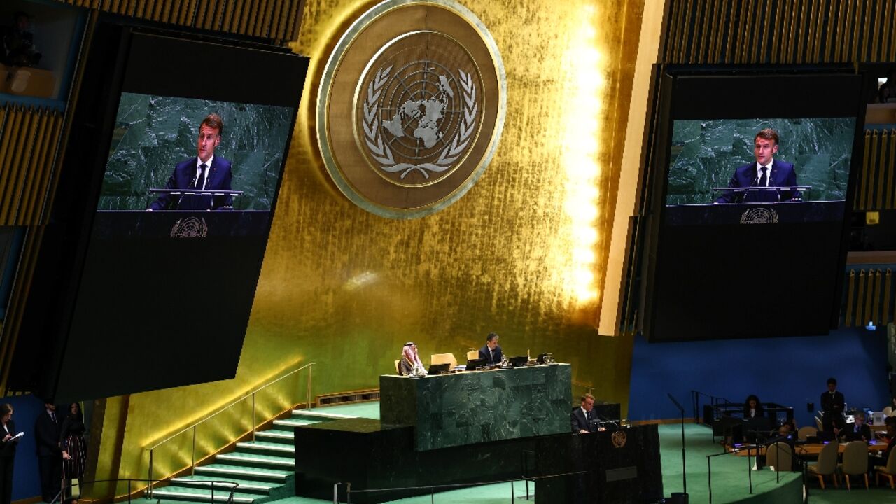 French President Emmanuel Macron recognizes a Palestinian state in a speech to the United Nations 